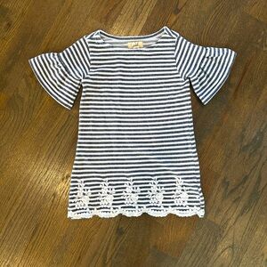 Peek- blue and white stripe dress with embroidered flowers